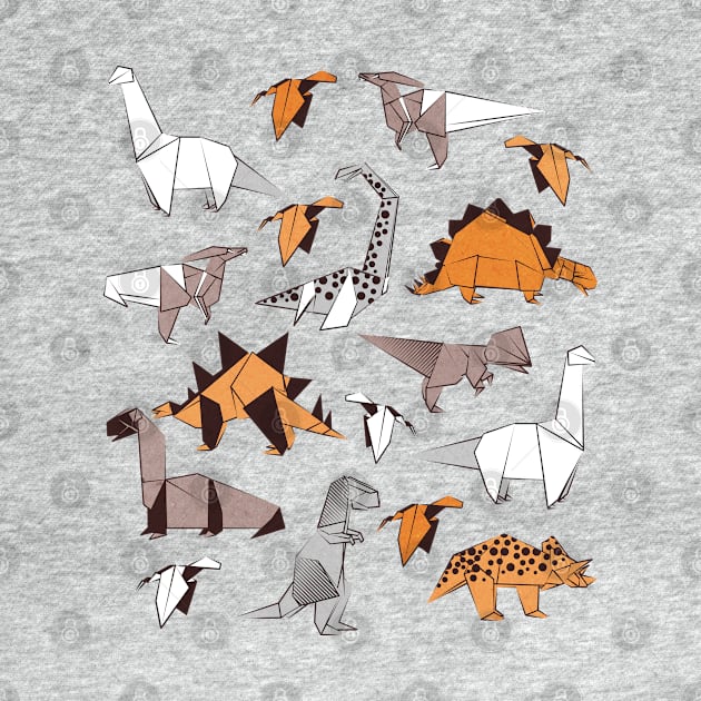 Origami dino friends // print // orange white and beige dinosaurs by SelmaCardoso